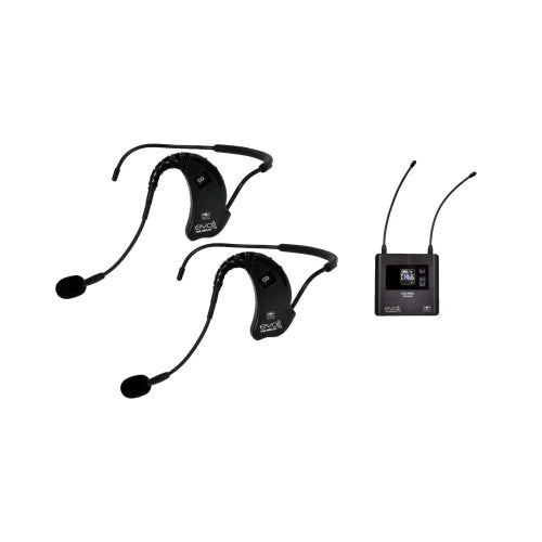 Galaxy Audio EVO-PEEP1 Two EVO True Wireless Headworn Mics and EVO Receiver: 2 EVO Water Resistant Headset Mics, 1 EVO Portable Receiver. This is a single receiver system second headset is for back to back classes.