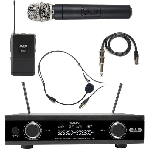 CAD AUDIO GXLD2HBAI Digi Wless-HH&BP Mic System AI Frequency Band - CAD GXLD2HBAI Dual-Channel Digital Wireless Microphone System with Handheld, Headset and Guitar Cable (AI: 909.3 to 926.8 MHz)