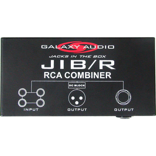 Galaxy Audio JIB/R RCA COMBINER: combines 2 stereo CD, Tape, or other RCA inputs into 1 mono (XLR or ¼ inch) output, phantom block circuitry prevents interference from two different phantom power sources