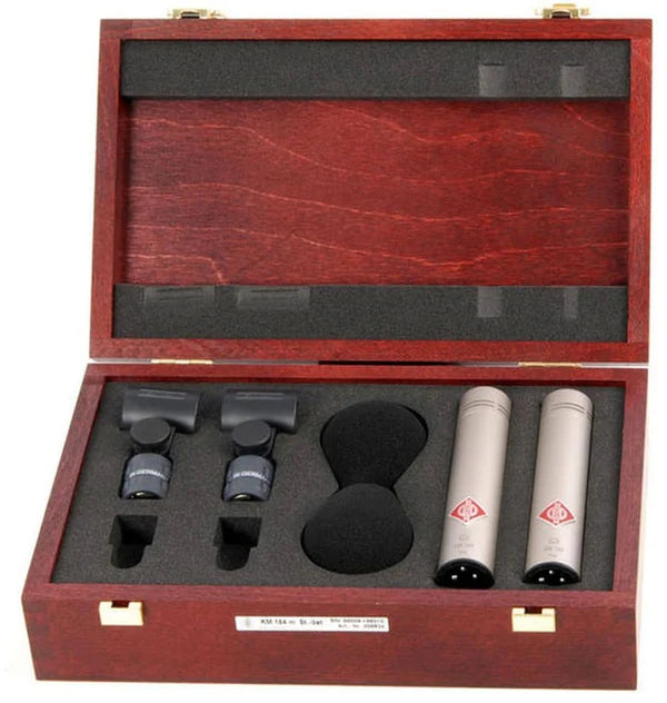 Neumann KM183 STEREO SET Stereo set includes two each: KM 183, SG 21 BK, WNS 100 in one woodbox - Neumann KM183 STEREO SET Matched Microphone Pair (Nickel)