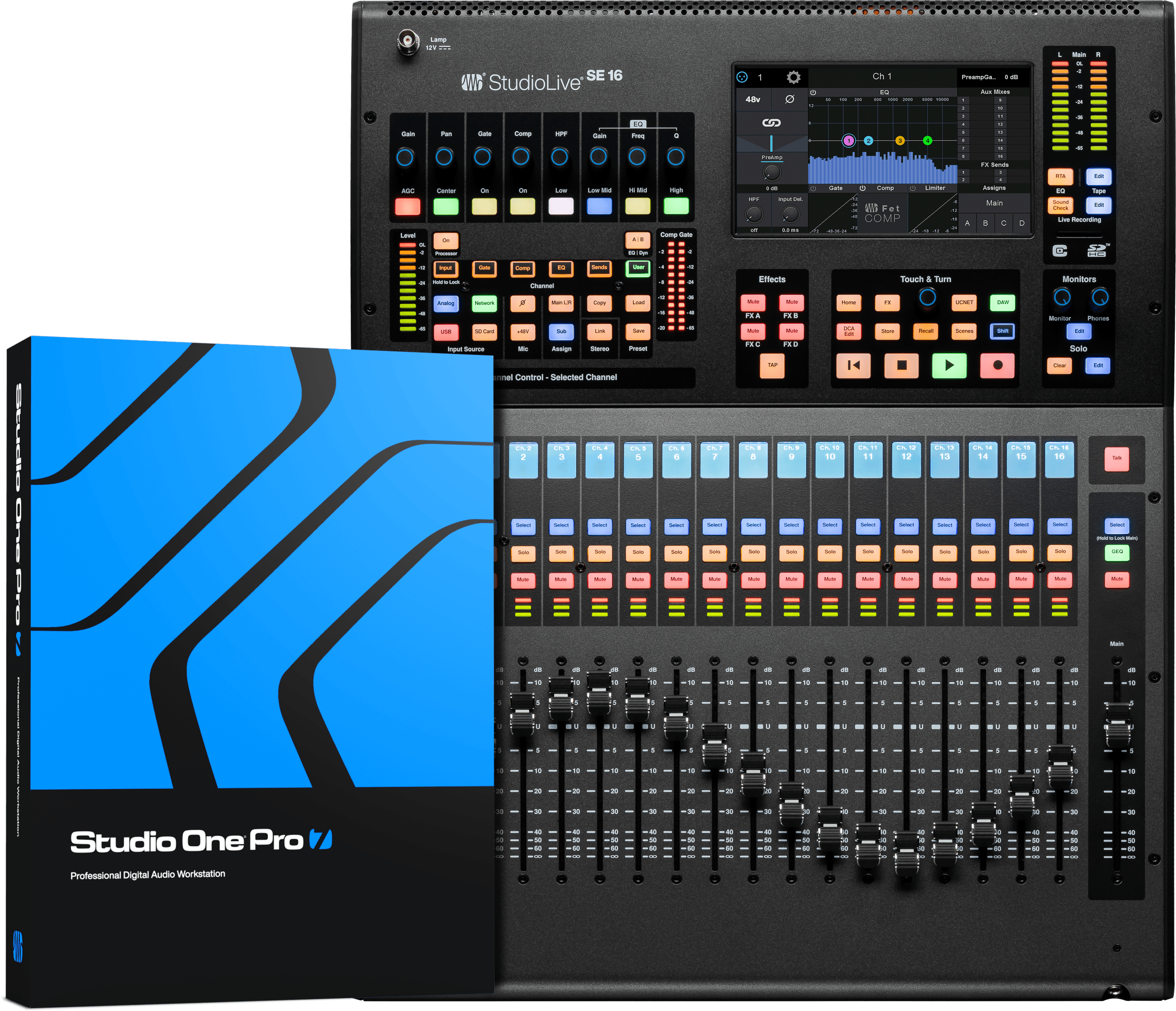 PRESONUS STUDIOLIVE III SE 16 - 40-channel, 26-bus digital mixer with 17 motorized faders, a 64x64 USB Audio Interface, and Milan-certified AVB Audio Networking.
