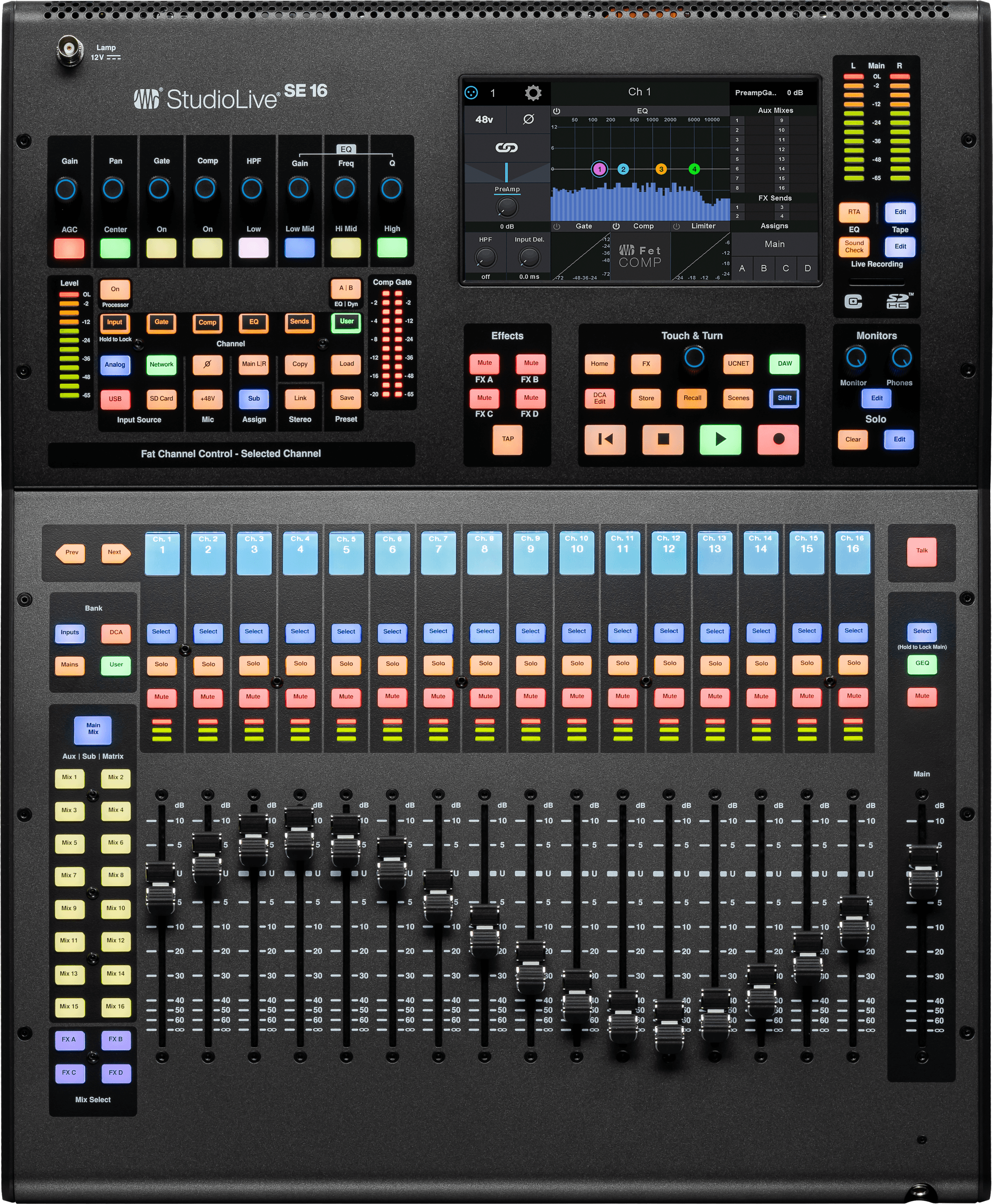 PRESONUS STUDIOLIVE III SE 16 - 40-channel, 26-bus digital mixer with 17 motorized faders, a 64x64 USB Audio Interface, and Milan-certified AVB Audio Networking.