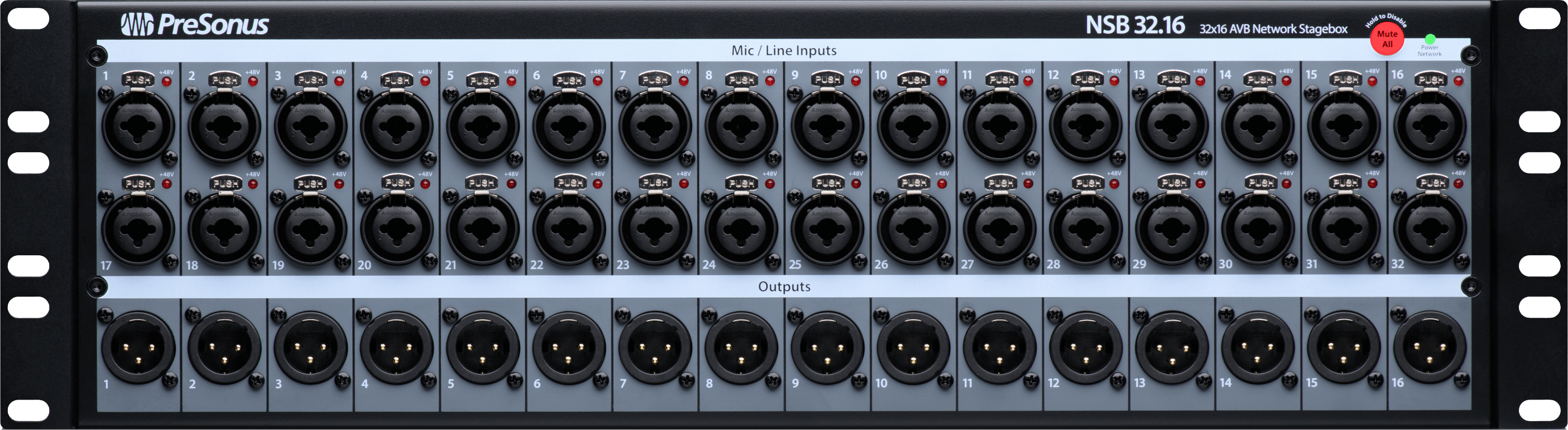 PRESONUS NSB 32.16 - 32x16 network stage box with 32 locking digitally-controlled XMAX mic/line inputs and 16 XLR outputs.
