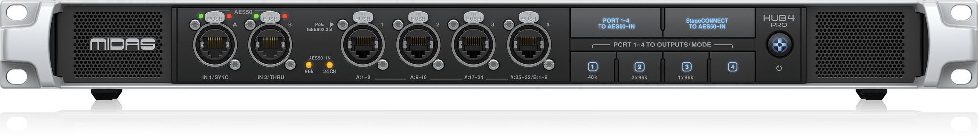 MIDAS HUB 4 PRO (CONTACT US TO CONFIRM PRICE ANDS AVAILABILITY) 96k Monitor System Hub with 4 PoE Ports for Personal Mixers or Compatible Stage Boxes, AES50 In and Through with SRC, StageConnect and 16-Channel Analogue Out