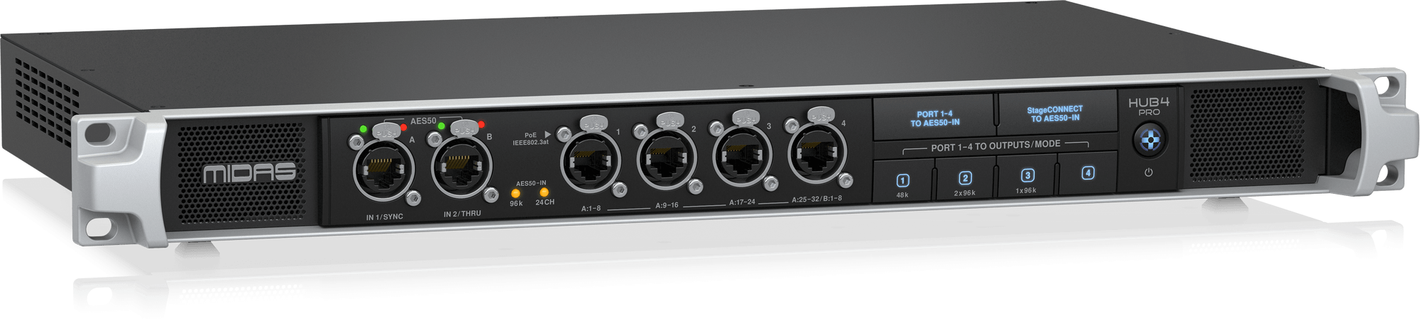 MIDAS HUB 4 PRO (CONTACT US TO CONFIRM PRICE ANDS AVAILABILITY) 96k Monitor System Hub with 4 PoE Ports for Personal Mixers or Compatible Stage Boxes, AES50 In and Through with SRC, StageConnect and 16-Channel Analogue Out