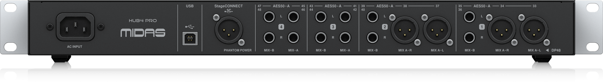 MIDAS HUB 4 PRO (CONTACT US TO CONFIRM PRICE ANDS AVAILABILITY) 96k Monitor System Hub with 4 PoE Ports for Personal Mixers or Compatible Stage Boxes, AES50 In and Through with SRC, StageConnect and 16-Channel Analogue Out
