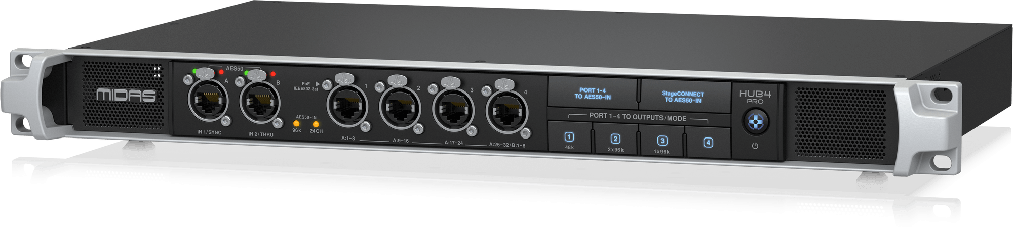 MIDAS HUB 4 PRO (CONTACT US TO CONFIRM PRICE ANDS AVAILABILITY) 96k Monitor System Hub with 4 PoE Ports for Personal Mixers or Compatible Stage Boxes, AES50 In and Through with SRC, StageConnect and 16-Channel Analogue Out