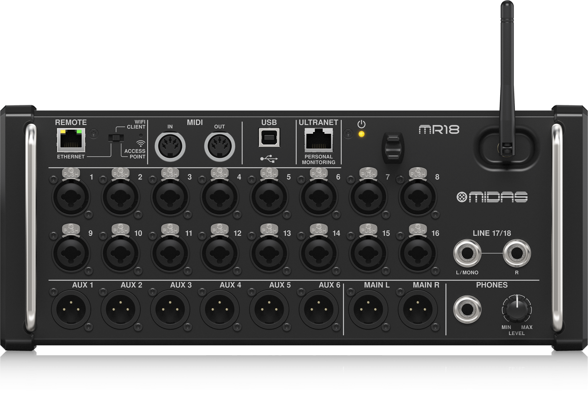 MIDAS MR18 (CONTACT US TO CONFIRM PRICE ANDS AVAILABILITY) 18-Input Digital Mixer for iPad/Android Tablets with 16 Midas PRO Preamps, Integrated WiFi Module and Multi-Channel USB Audio Interface