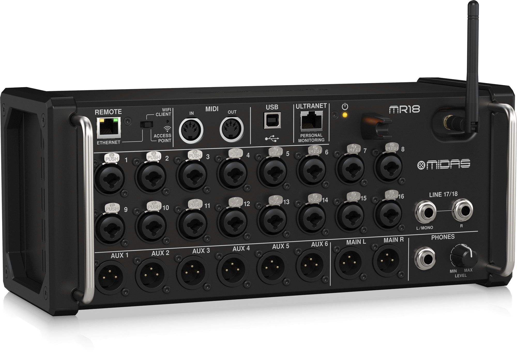 MIDAS MR18 (CONTACT US TO CONFIRM PRICE ANDS AVAILABILITY) 18-Input Digital Mixer for iPad/Android Tablets with 16 Midas PRO Preamps, Integrated WiFi Module and Multi-Channel USB Audio Interface