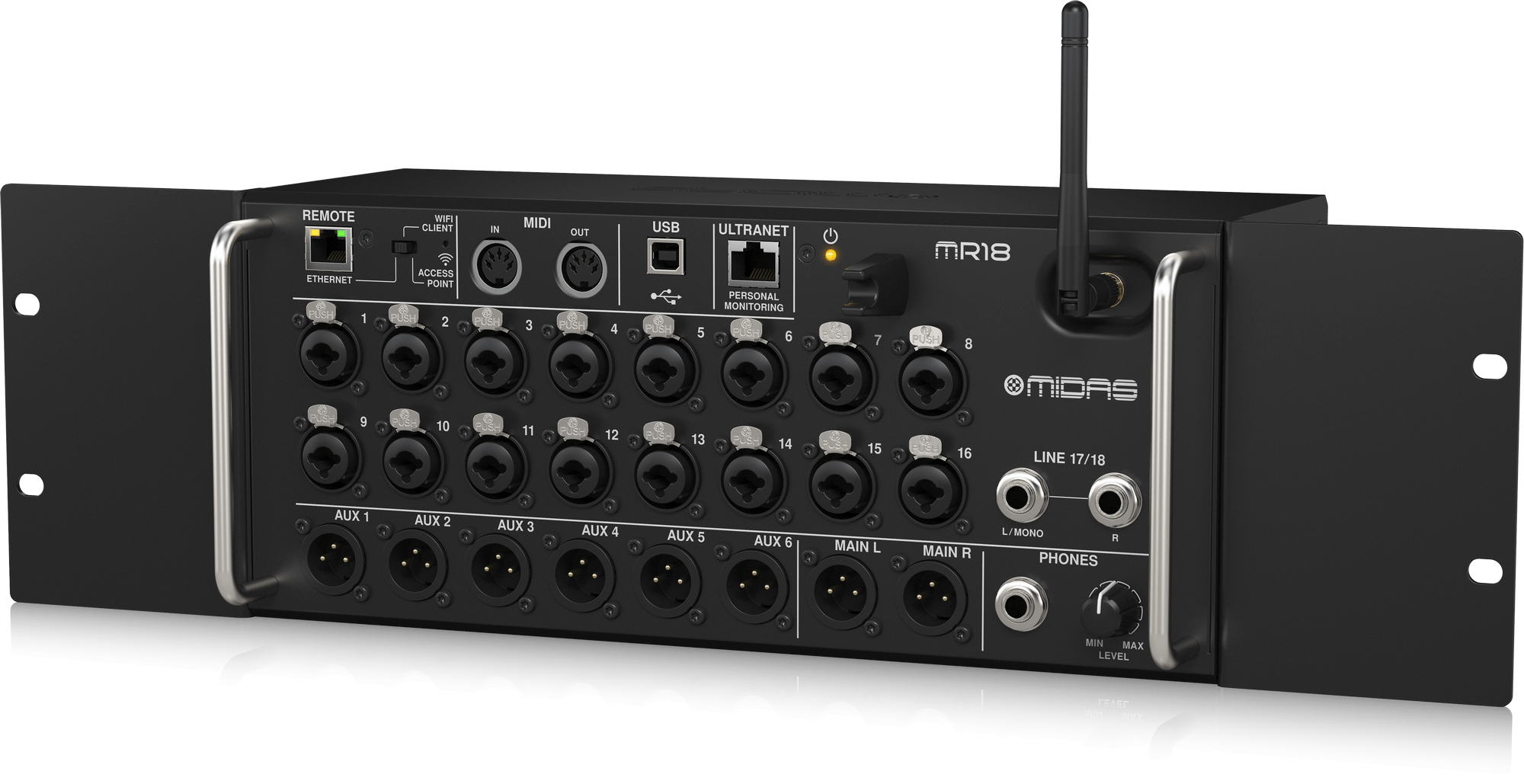 MIDAS MR18 (CONTACT US TO CONFIRM PRICE ANDS AVAILABILITY) 18-Input Digital Mixer for iPad/Android Tablets with 16 Midas PRO Preamps, Integrated WiFi Module and Multi-Channel USB Audio Interface
