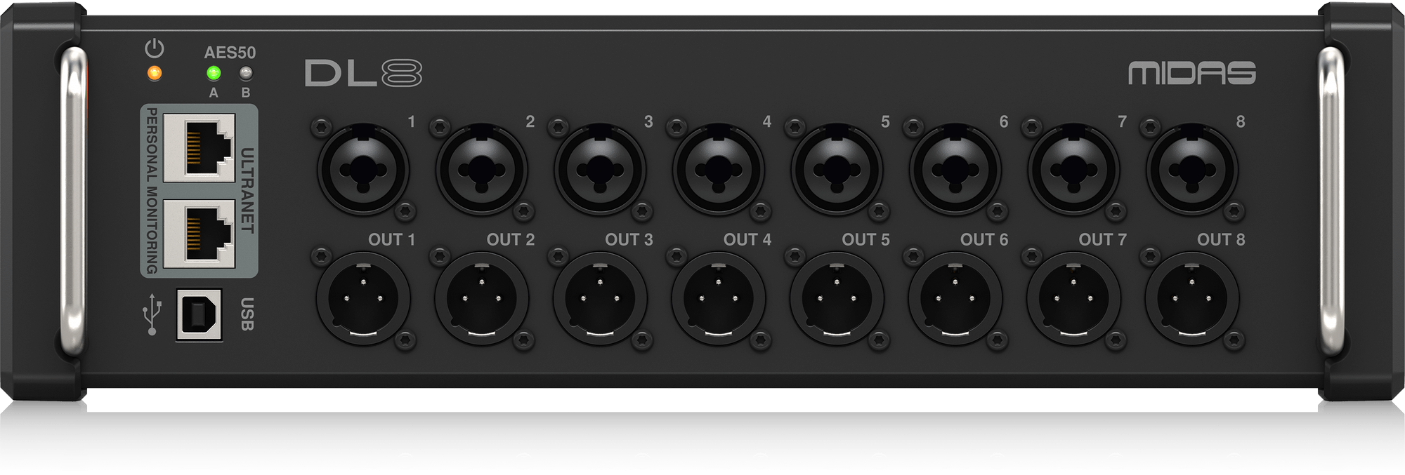 MIDAS DL8 (CONTACT US TO CONFIRM PRICE ANDS AVAILABILITY) PoE-Powered 8 Input, 8 Output Stage Box with Midas PRO Microphone Preamplifiers and 2 Powered ULTRANET Monitoring Outputs