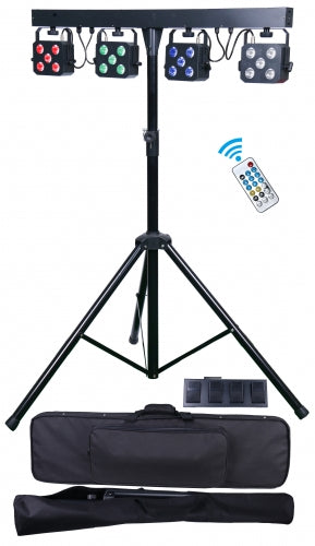 LCG PARBAR QUAD PRO - Includes a robust stand with bag, road bag, foot controller, RF controller and 4 Led Par RGBW panels fitted to a powered T-bar