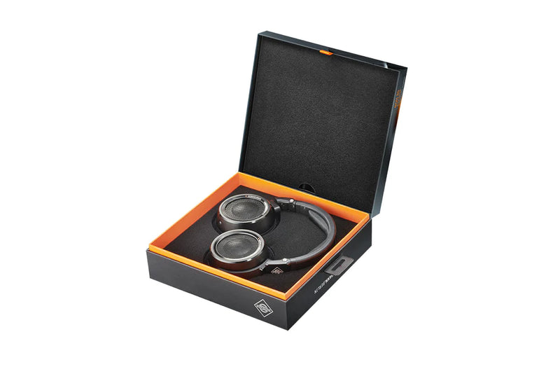 Neumann NDH 30 Open back studio headphone, silver with black and orange trim. Includes (1) NDH 30, (1) straight symmetrical cable, (1) 6,3 mm (1/4”) adapter and (1) cloth pouch