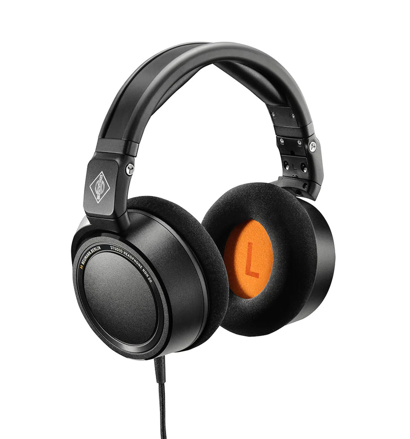 Neumann NDH 30 Open back studio headphone, silver with black and orange trim. Includes (1) NDH 30, (1) straight symmetrical cable, (1) 6,3 mm (1/4”) adapter and (1) cloth pouch