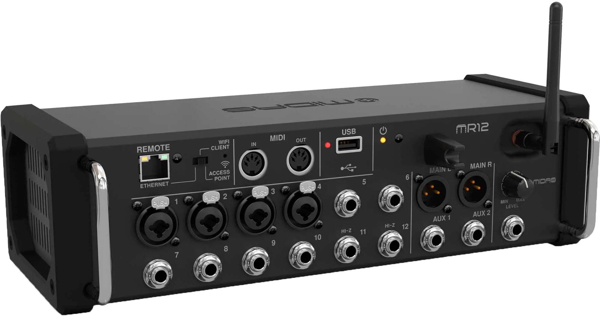 MIDAS MR12 (CONTACT US TO CONFIRM PRICE ANDS AVAILABILITY) 12-Input Digital Mixer for iPad/Android Tablets with 4 Midas PRO Preamps, 8 Line Inputs, Integrated WiFi Module and USB Stereo Recorder