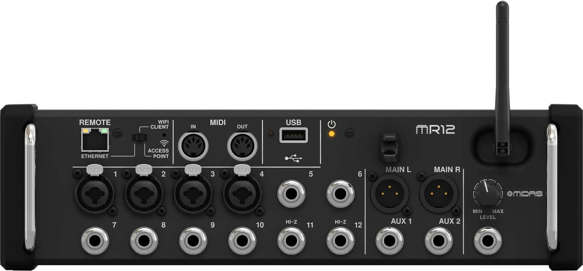 MIDAS MR12 (CONTACT US TO CONFIRM PRICE ANDS AVAILABILITY) 12-Input Digital Mixer for iPad/Android Tablets with 4 Midas PRO Preamps, 8 Line Inputs, Integrated WiFi Module and USB Stereo Recorder