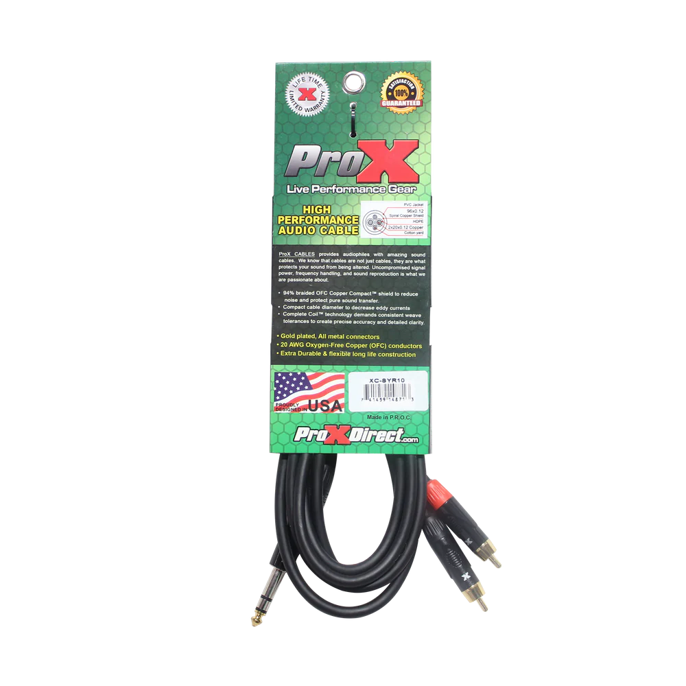 PRO-X- XC-SYR10 - ProX XC-SYR10 Unbalanced 1/4" TRS-M to Dual RCA-M High Performance Audio Cable - 10 Ft.