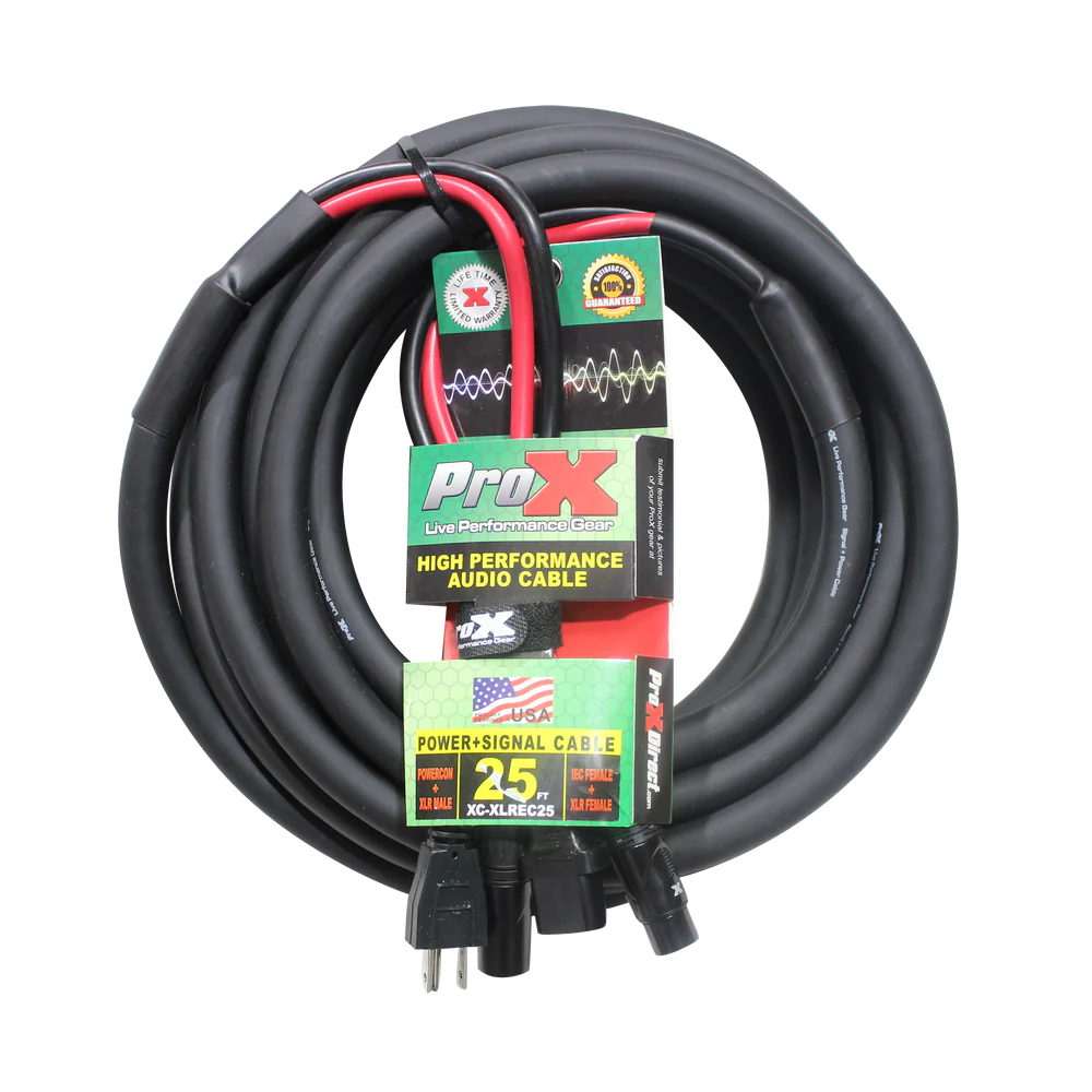 PRO-X- XC-XLREC25 - ProX XC-XLREC25 Power Cord/Audio Cable IEC Female to NEMA 15P & Balanced XLR-M to XLR-F - 25ft