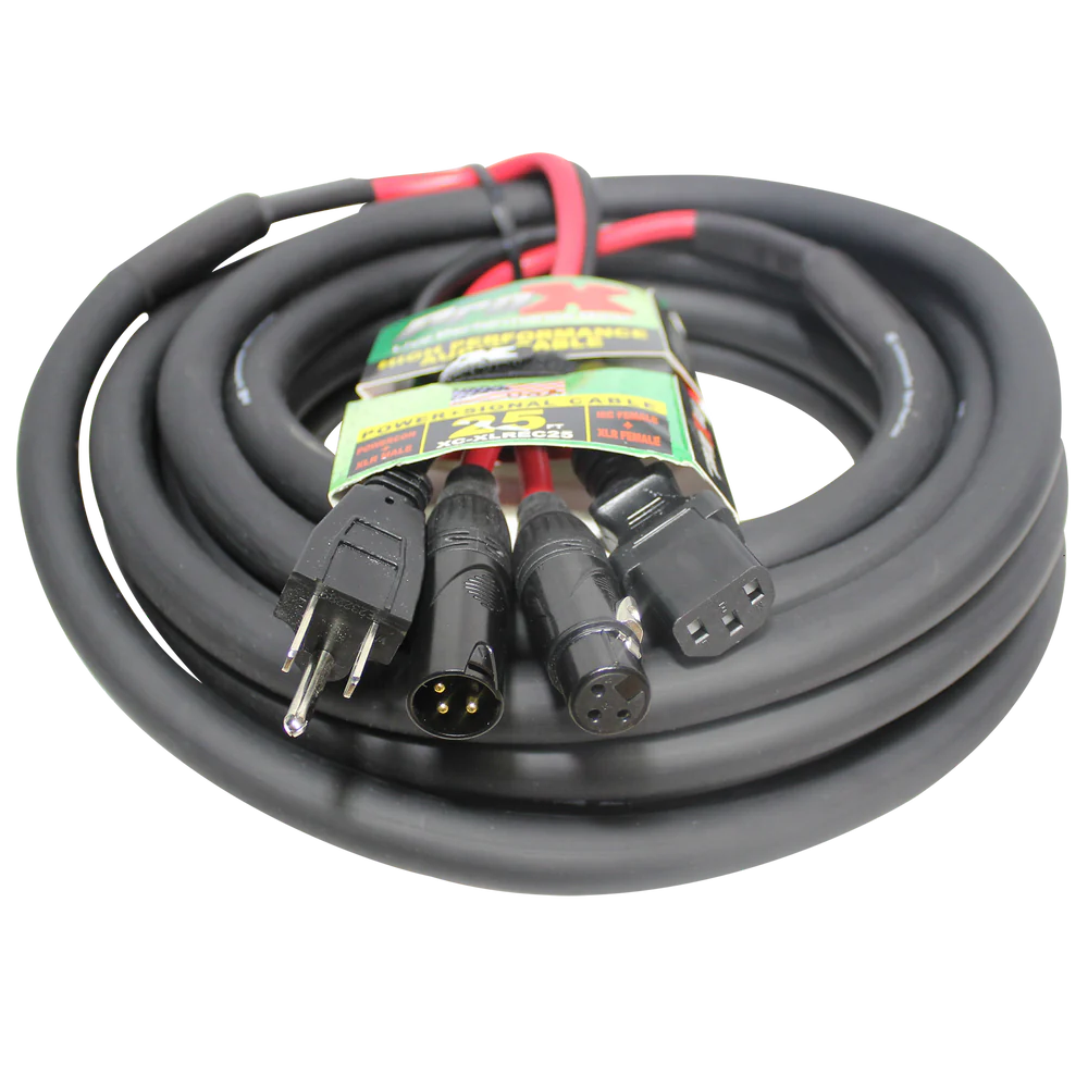 PRO-X- XC-XLREC25 - ProX XC-XLREC25 Power Cord/Audio Cable IEC Female to NEMA 15P & Balanced XLR-M to XLR-F - 25ft