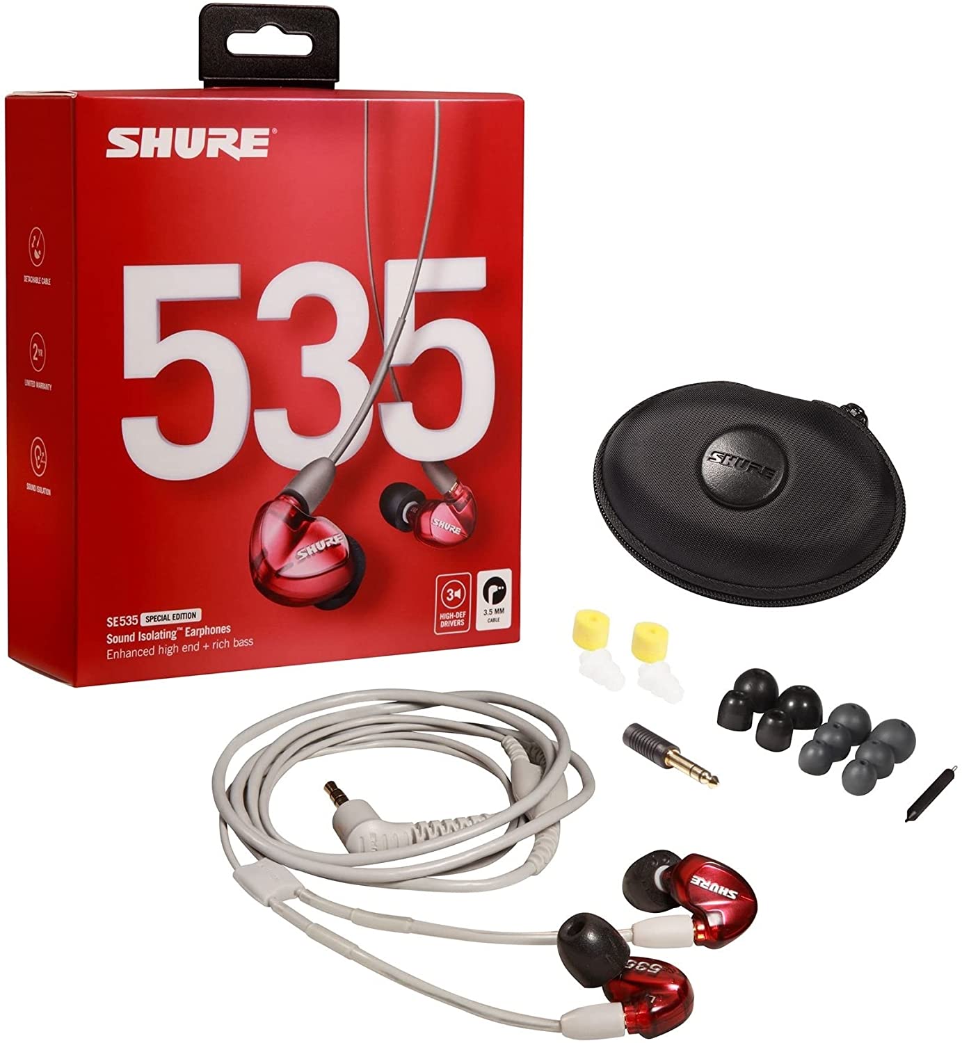 Shure SE535LTD - Red Isolating Earphones with Gray 3.5mm Cable