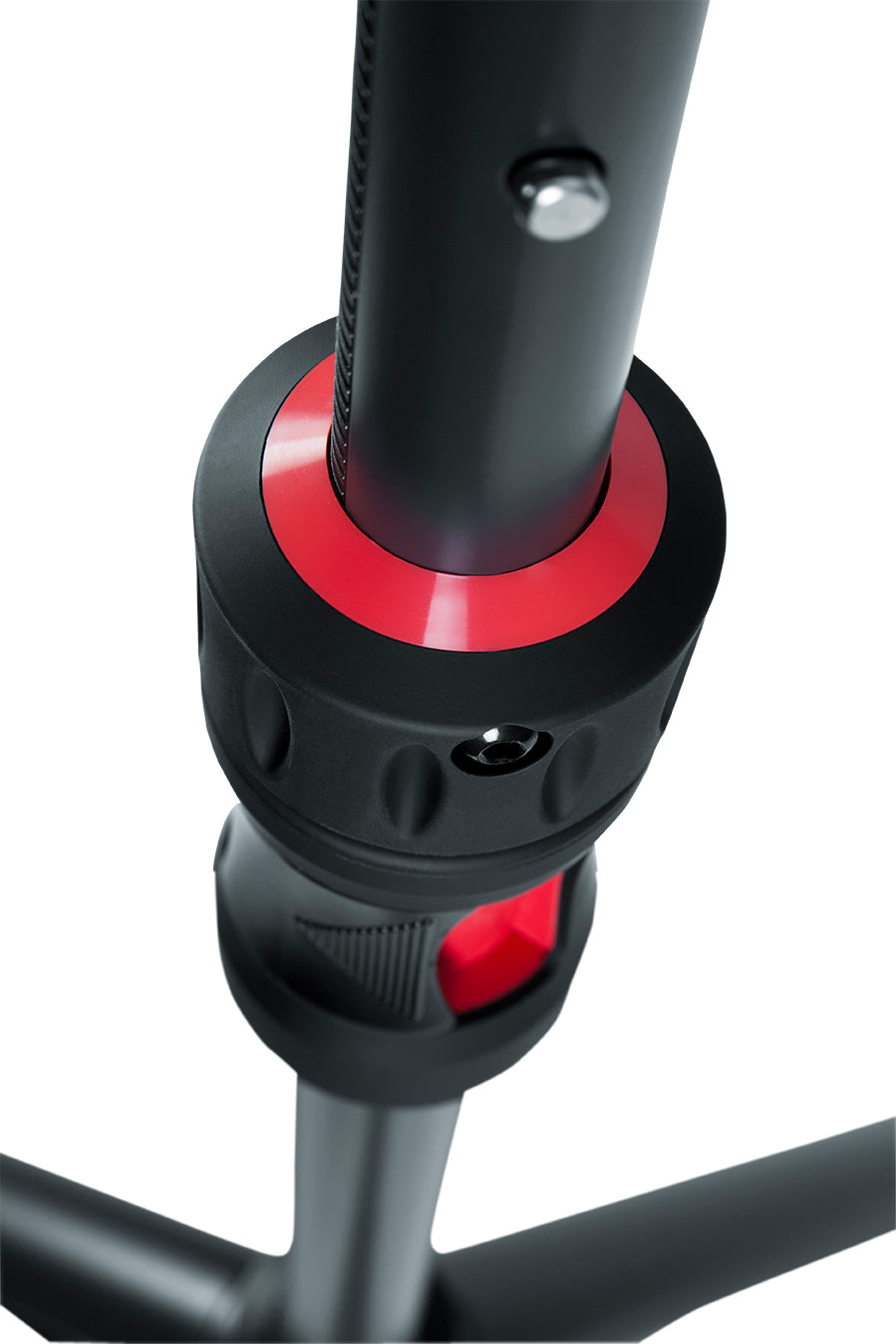 GATOR GFW-ID-SPKR ID series adjustable speaker stand with piston driven lift assistance, easy one handed CAM operation, and adjustable 3rd leg for uneven surfaces.