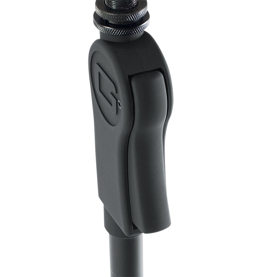 GATOR GFW-MIC-2100 Deluxe tripod mic stand with deluxe one handed clutch. Heavy duty steel construction with collapsible tripod legs and removable red safety trim on feet.