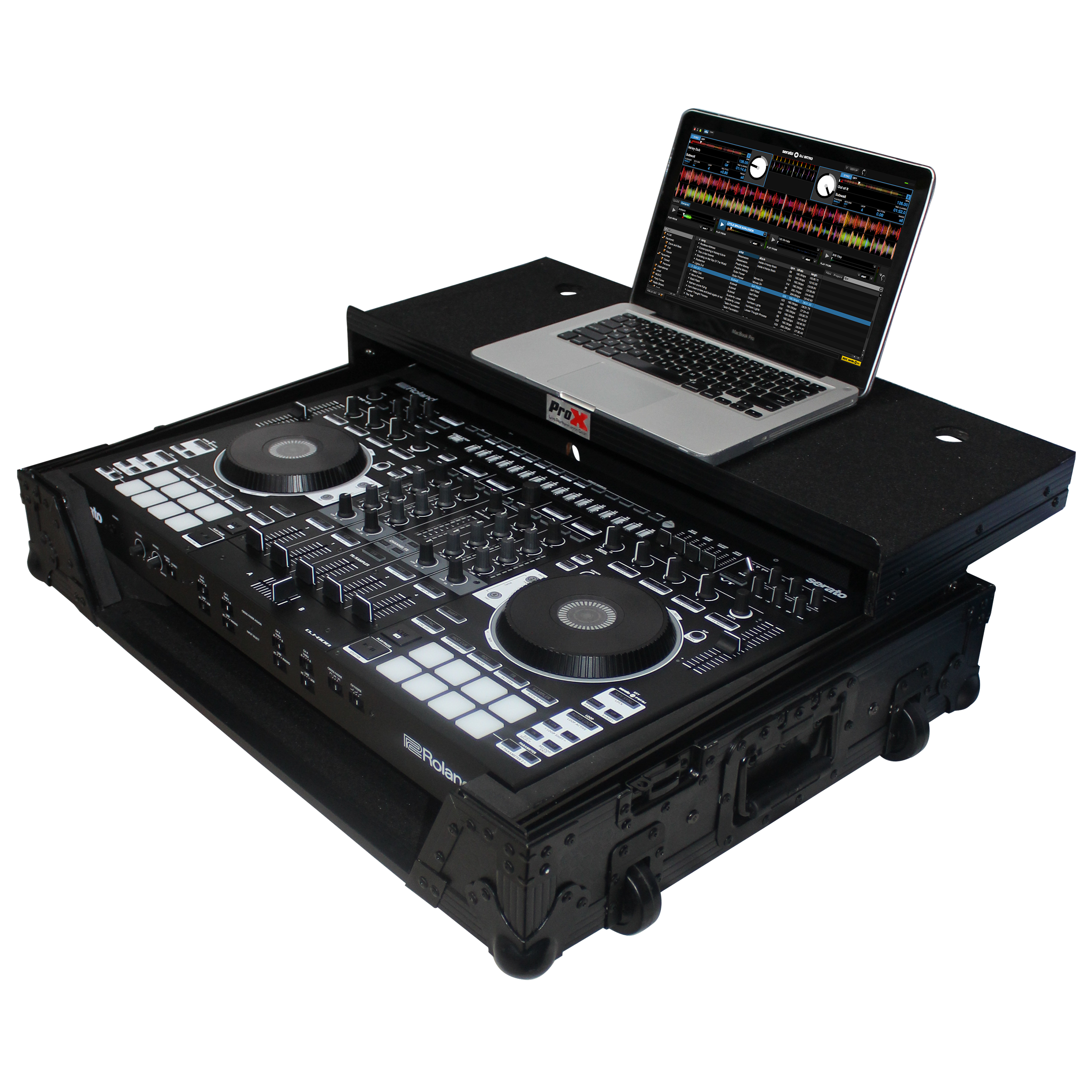 PROX-XS-DJ808WLTBL - Flight Case for Roland DJ-808 or Denon MC7000 Digital Controller W-Wheels & Sliding Laptop Shelf | Black on Black