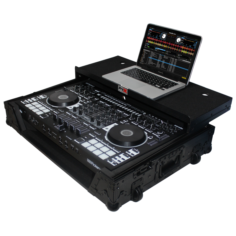PROX-XS-DJ808WLTBL - Flight Case for Roland DJ-808 or Denon MC7000 Digital Controller W-Wheels & Sliding Laptop Shelf | Black on Black
