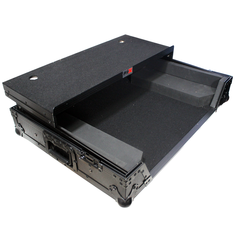 PROX-XS-DJ808WLTBL - Flight Case for Roland DJ-808 or Denon MC7000 Digital Controller W-Wheels & Sliding Laptop Shelf | Black on Black