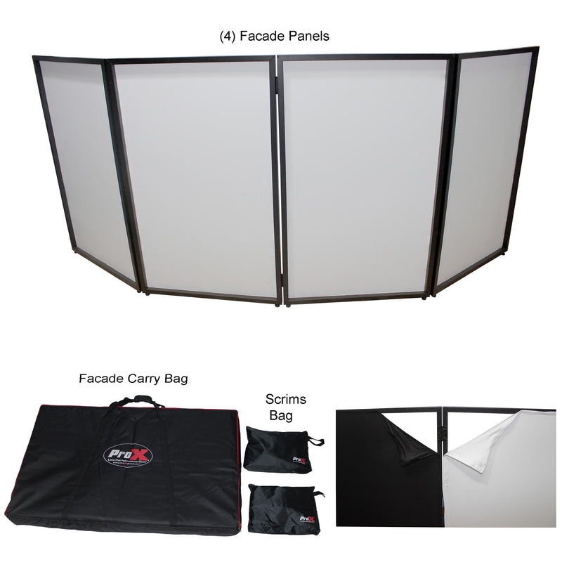 PROX-XF-4X3048B-MK2 DJ Façade with bag - 4 Panel DJ Facade Black Collapse and Go Facade Panels W-Carry Bag | Black-White Scrims