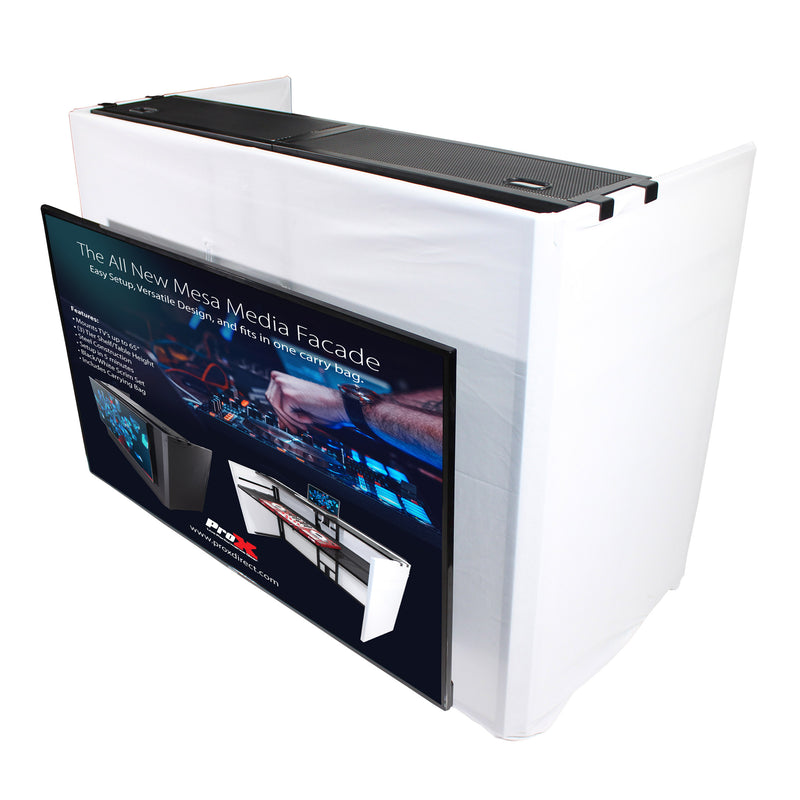 PROX-XF-MESA MEDIA Dj Façade with bag - MESA MEDIA MK2 DJ Facade Table Workstation Includes TV Bracket Mount White & Black Scrims and Carry Bag