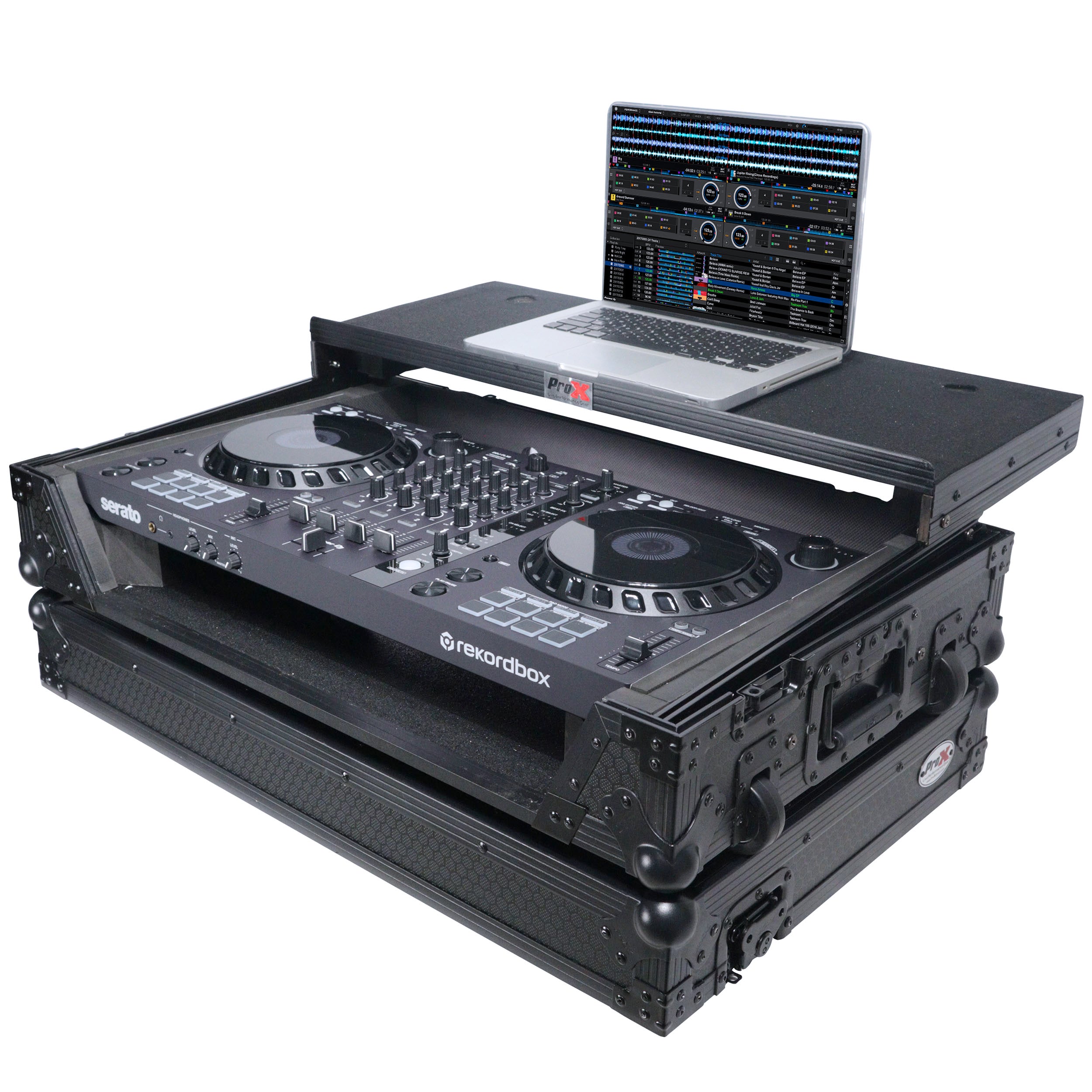 PROX-XS-DDJFLX6 WLTBL - Flight Case for Pioneer DDJ-FLX6 W/ Glide Sliding Laptop Shelf and Wheels Black on Black Hardware