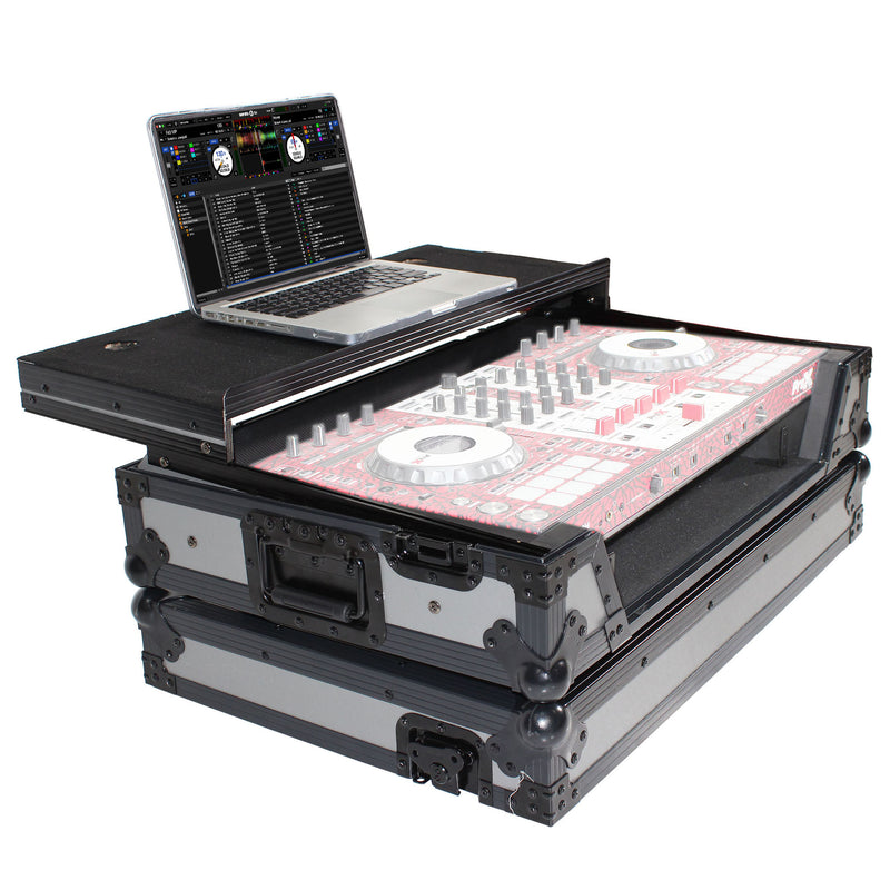 PROX-XS-DDJSX WLTGB LED - Flight Case For Pioneer DDJ-SX & DDJ-RX Series Digital Controllers W-LED | Sliding Laptop Shelf | Wheels | Black on Gray