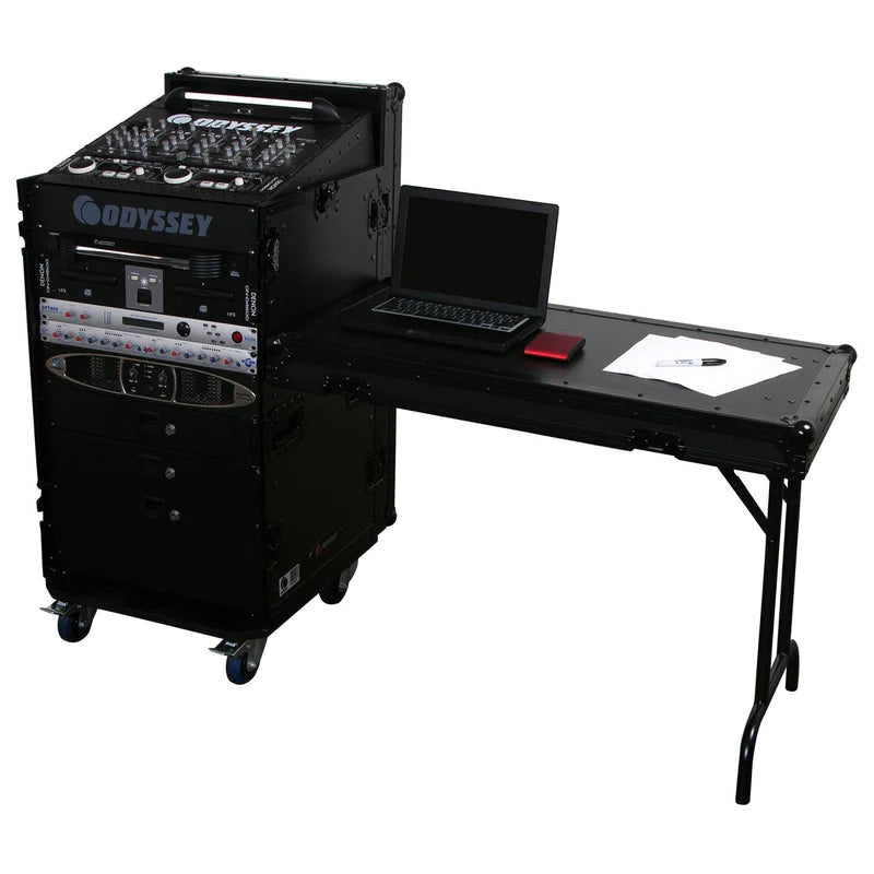 Odyssey FZ1116WDLXBL Case Rackmount - Odyssey FZ1116WDLXBL - Black 11U Top Slanted 16U Vertical Pro Combo Rack with Side Table and Casters.