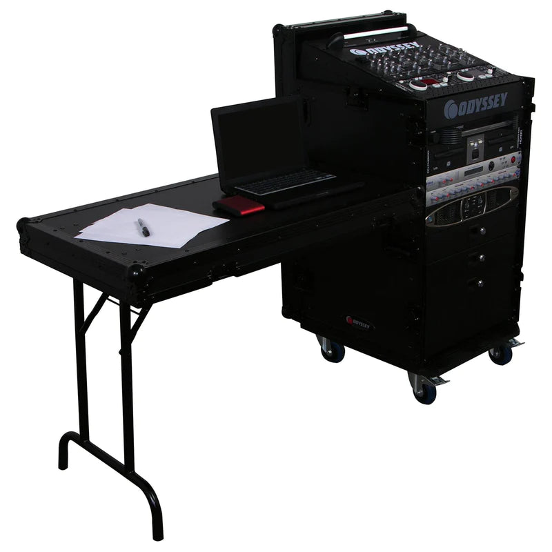 Odyssey FZ1116WDLXBL Case Rackmount - Odyssey FZ1116WDLXBL - Black 11U Top Slanted 16U Vertical Pro Combo Rack with Side Table and Casters.