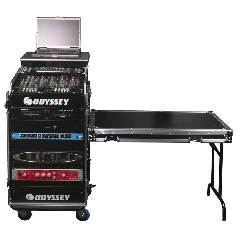 Odyssey FZGS1116WDLX Case Rackmount - Odyssey FZGS1116WDLX - Deluxe 11U Top Slanted 16U Bottom Vertical Pro Combo Rack with Casters, Side Table, and Glide Platform