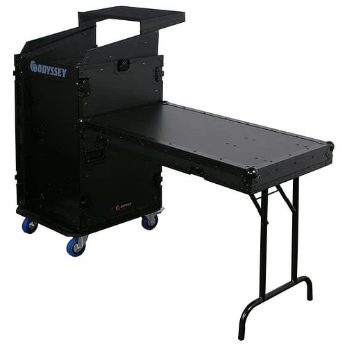 Odyssey FZGS1116WDLXBL Case Rackmount - Odyssey FZGS1116WDLXBL - Deluxe Black 11U Top Slanted 16U Bottom Vertical Pro Combo Rack with Casters, Side Table, and Glide Platform
