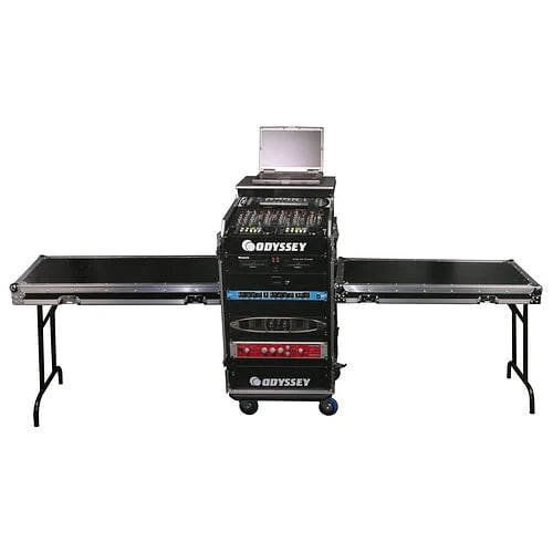 Odyssey FZGS1214WDLX-II Case Rackmount - Odyssey FZGS1214WDLXII - Deluxe 12U Top Slanted 14U Bottom Vertical Pro Combo Rack with Casters, Two Side Tables, and Glide Platform