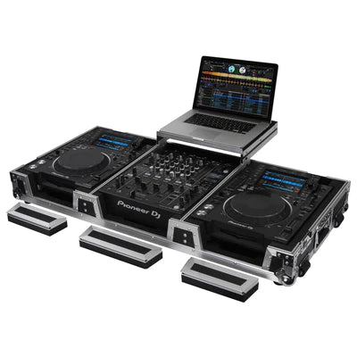 Odyssey FZGSL12CDJWR Case DJ Gear - Odyssey FZGSL12CDJWR - Black Low Profile 12″ Format DJ Mixer and Two Large Format Media Players Flight Coffin Case with Wheels and Glide Platform