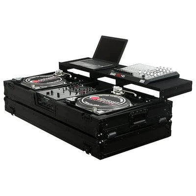 Odyssey FZGSPBM10WBL Case DJ Gear - Odyssey FZGSPBM10WBL - Universal Black 10″ Format DJ Mixer and Two Battle Position Turntables Flight Coffin Case with Full Glide Platform
