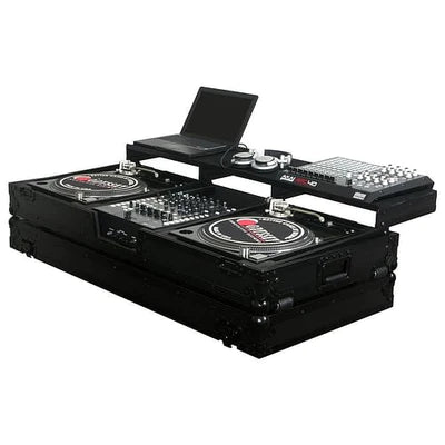 Odyssey FZGSPBM12WBL Case DJ Gear - Odyssey FZGSPBM12WBL - Universal Black 12″ Format DJ Mixer and Two Battle Position Turntables Flight Coffin Case with Full Glide Platform