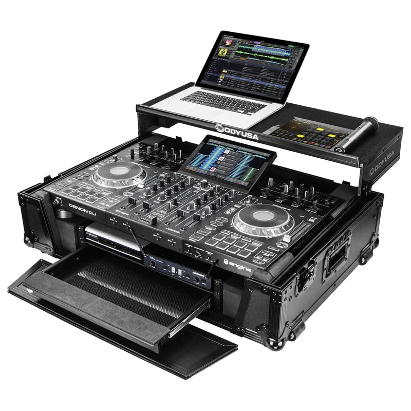 Odyssey FZGSPRIME4W2BL Case DJ Gear - Odyssey FZGSPRIME4W2BL - Denon Prime 4 Black Flight Case with Patented Glide Laptop Platform and 2U Rack Space