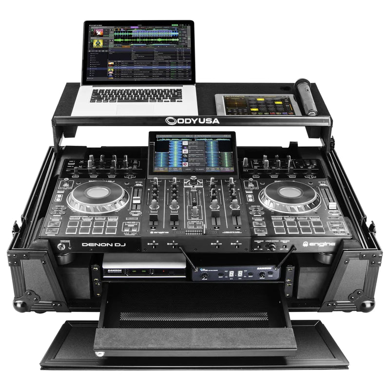 Odyssey FZGSPRIME4W2BL Case DJ Gear - Odyssey FZGSPRIME4W2BL - Denon Prime 4 Black Flight Case with Patented Glide Laptop Platform and 2U Rack Space