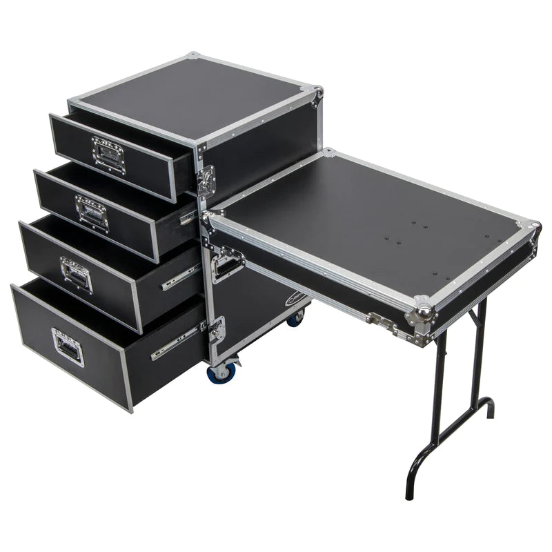Odyssey FZWB4WDLX Case Rackmount - Odyssey FZWB4WDLX - Deluxe Four Drawer Workbox Tour Flight Case with Casters and Side Table