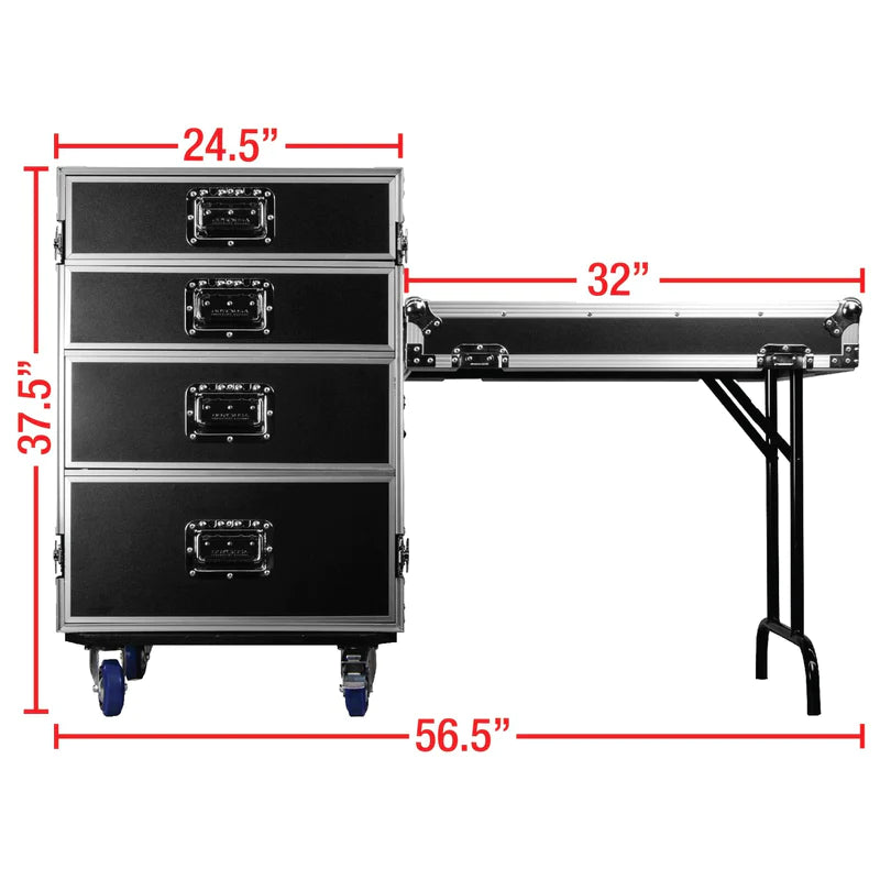 Odyssey FZWB4WDLX Case Rackmount - Odyssey FZWB4WDLX - Deluxe Four Drawer Workbox Tour Flight Case with Casters and Side Table