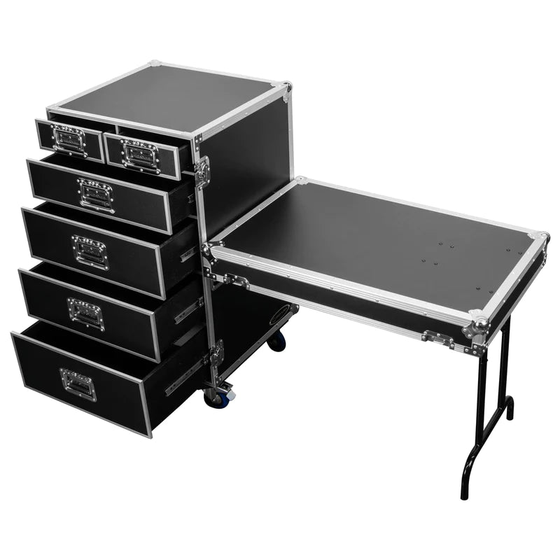 Odyssey FZWB6WDLX Case Rackmount - Odyssey FZWB6WDLX - Deluxe Six Drawer Workbox Tour Flight Case with Casters and Side Table
