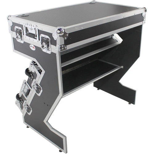 PRO-X- XS-ZTABLE JR - ProX XS-ZTABLE JR DJ Z-Table Junior Compact Workstation Flight Case w/ Table & Wheels - Silver on Black