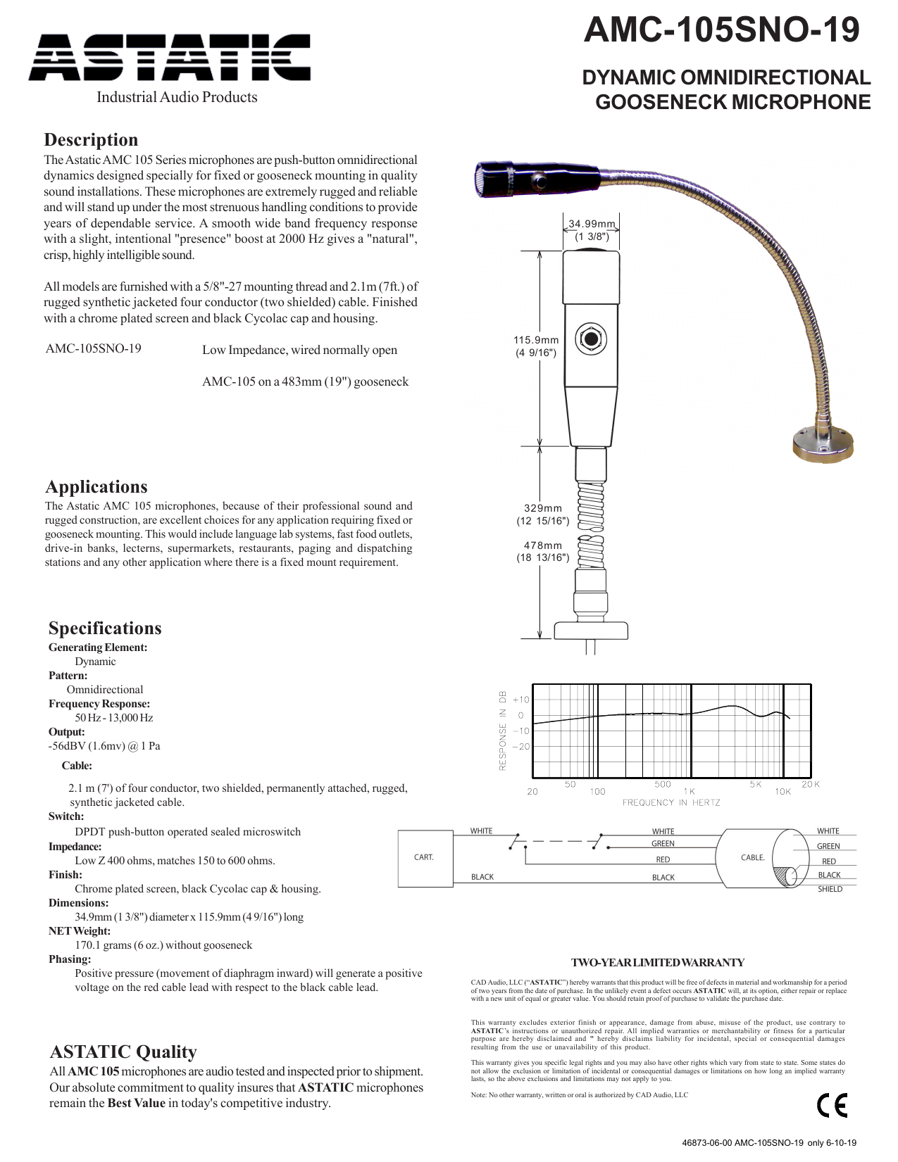 CAD AUDIO AMC105SNO-19 Omnidir Dyna Mic  Push-Talk 19"Gooseneck 1 Dpdt - CAD AMC105SNO-19 Astatic Omnidirectional Dynamic 19" Gooseneck Microphone