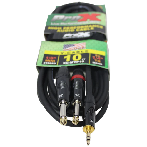 PRO-X- XC-MYP10 - ProX XC-MYP10 Unbalanced 3.5mm. Mini-TRS to Dual TS-M High Performance Audio Y Cable - 10ft.