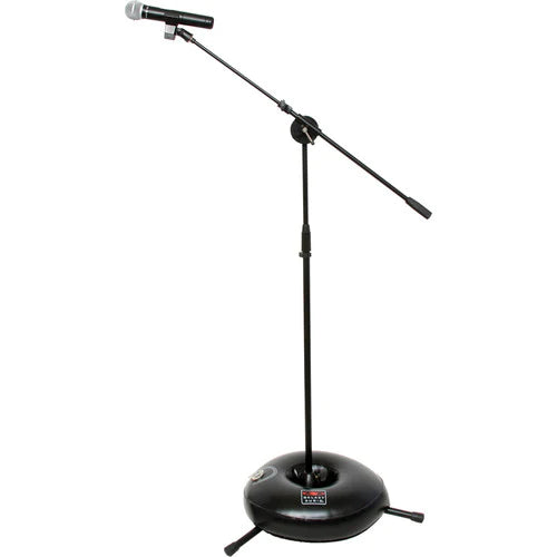 Galaxy Audio LSR38 LIFE SAVER:  durable reinforced vinyl, weighs up to 38lbs w/sand and 21lbs w/water. The weight of the mic and boom can offset the balance of the mic stand and cause it to tip.